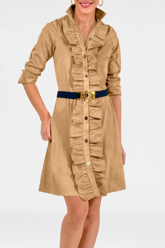 Button Front Ruffled Seam Pocket Dress