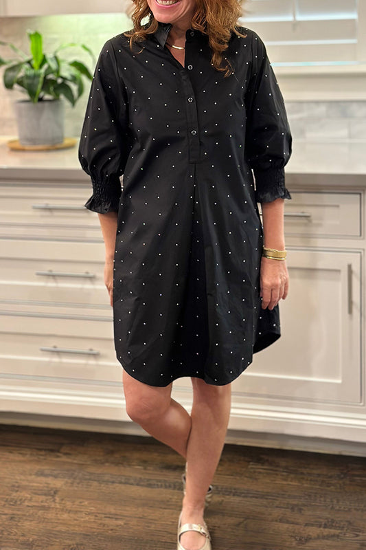 Black Polka-Dot Shirt Pocket Dress