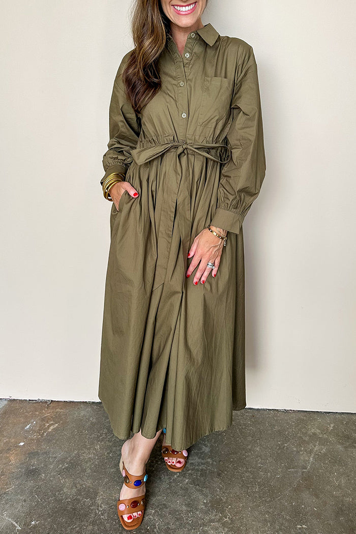 Olive Belted Button Pocket Maxi Dress