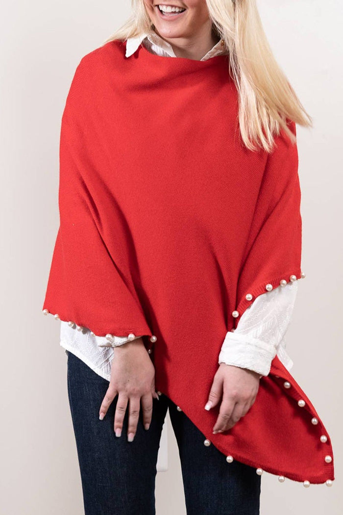 Red Pearl Trim Knit Poncho