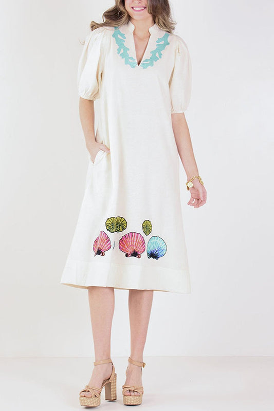 V-Neck Puff Sleeves Scallop Pattern Dress