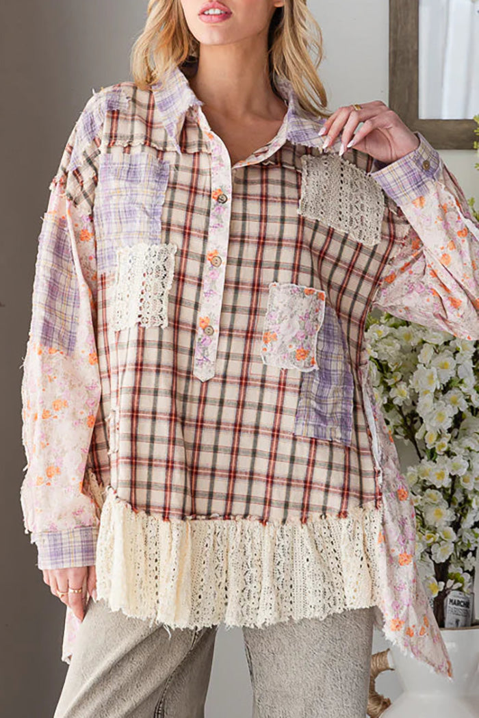 Plaid Floral Patchwork Lace Ruffle Hem Top