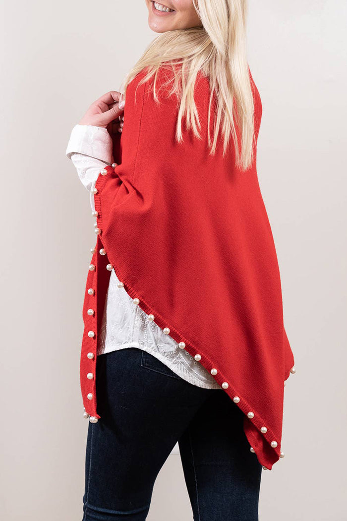 Red Pearl Trim Knit Poncho