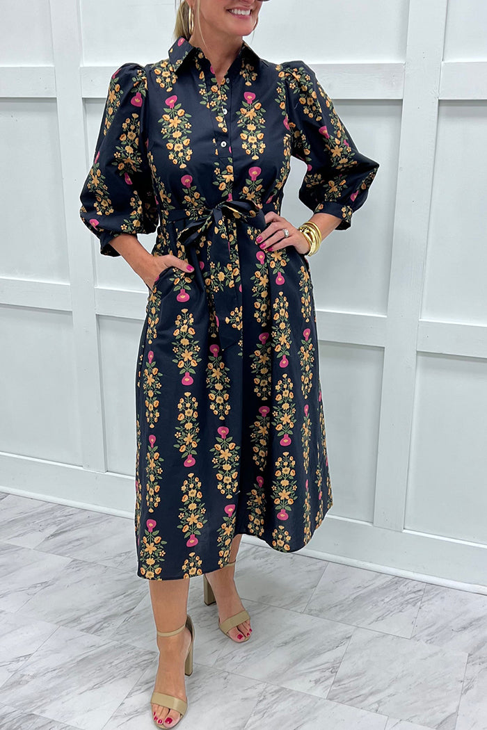 Gorgeous Floral-Print 3/4-Sleeve Button-Front Pocket Midi Dress