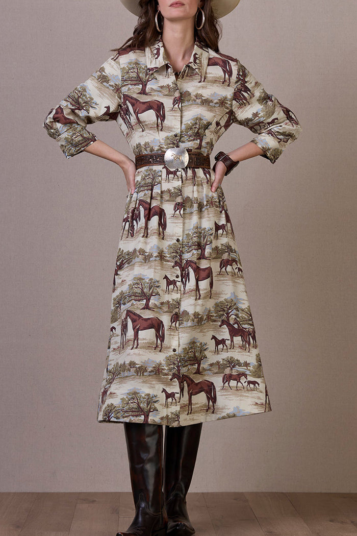 Horse Print Collared 3/4 Sleeve Midi Dress