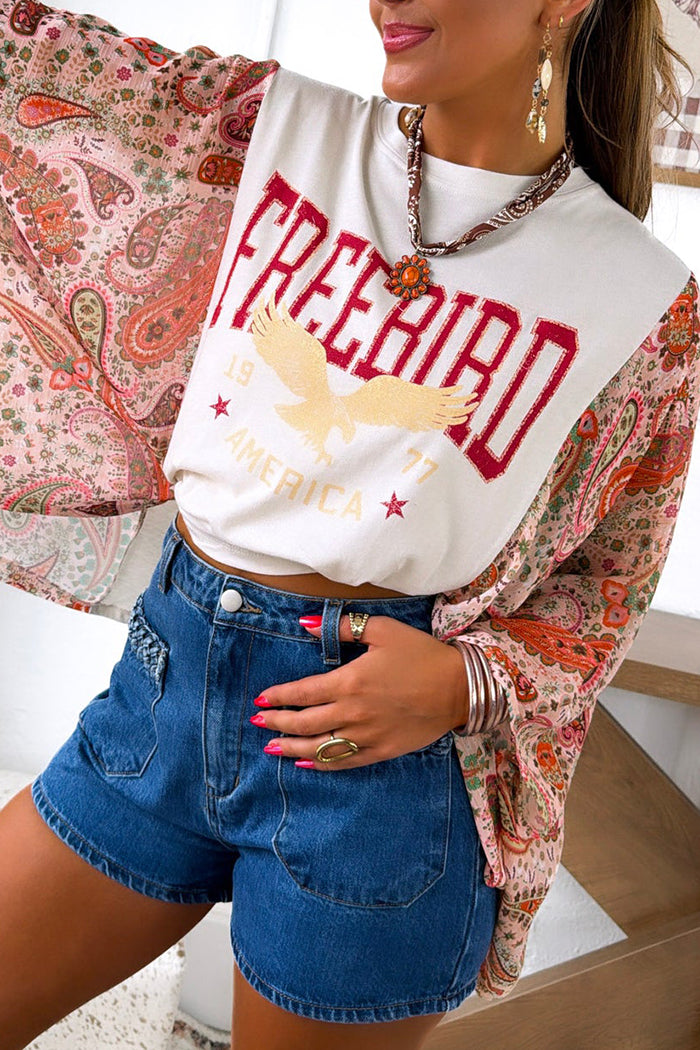 Long Sleeve Paisley Spliced Graphic Top