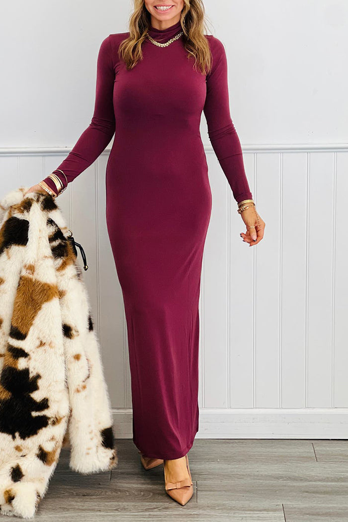 Mock Neck Long Sleeve Bodycon Maxi Dress