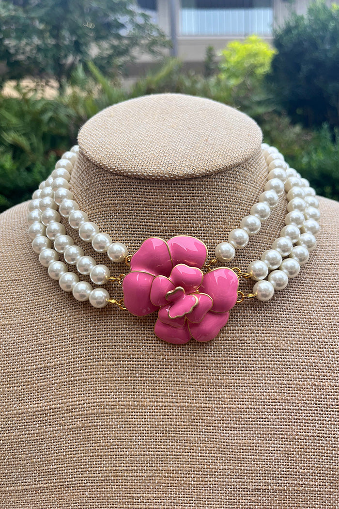 Pink Beaded Flower Choker Necklace