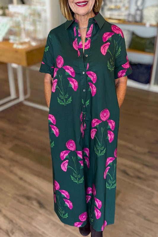 Hunter Green Floral Shirt Dress
