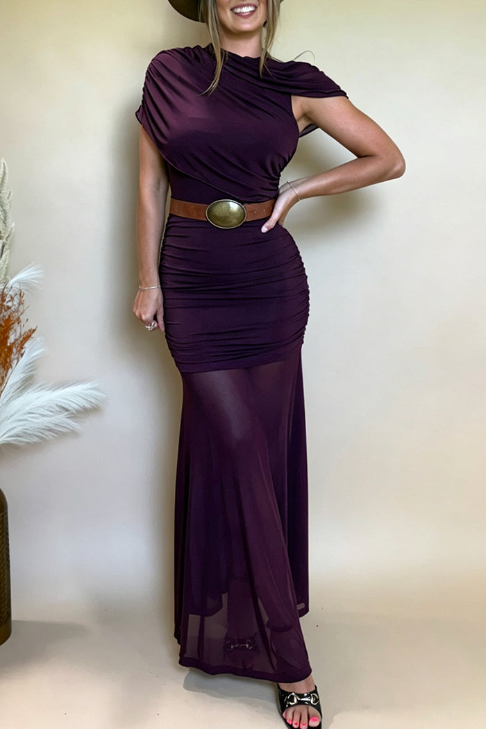 Crew Neck Sheer Ruched Overlay Back Zipper Maxi Dress