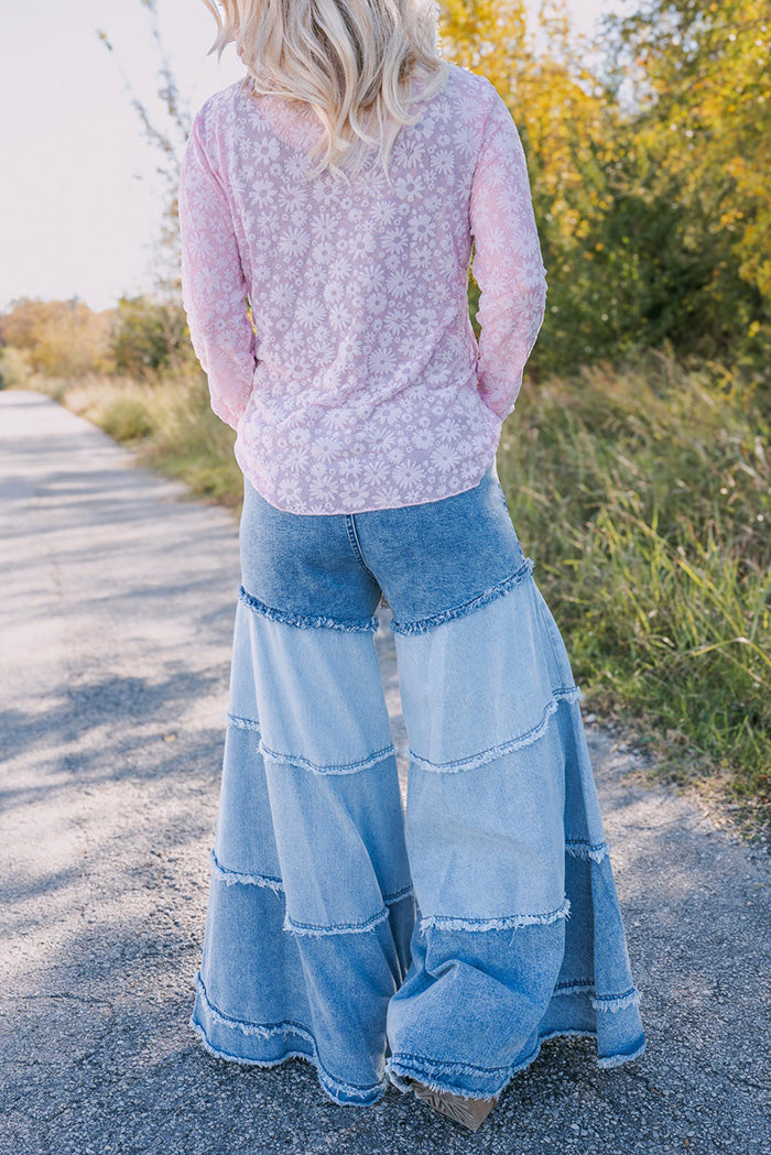 Patchwork Denim Flare Wide Leg Raw Hem Tiered Jeans
