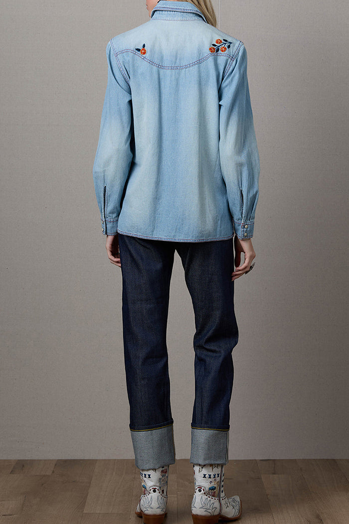 Snap Front Cowgirl Floral Denim Workshirt Top