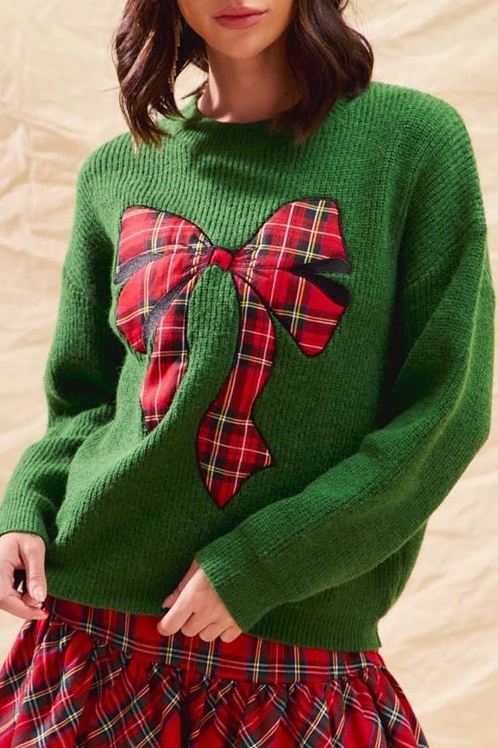 Knit Crewneck Plaid Bow Accent Sweater