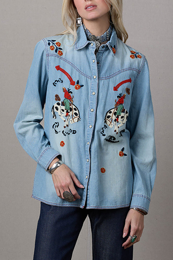 Snap Front Cowgirl Floral Denim Workshirt Top