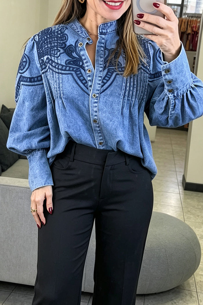 Stand Collar Long Puff Sleeve Denim Top