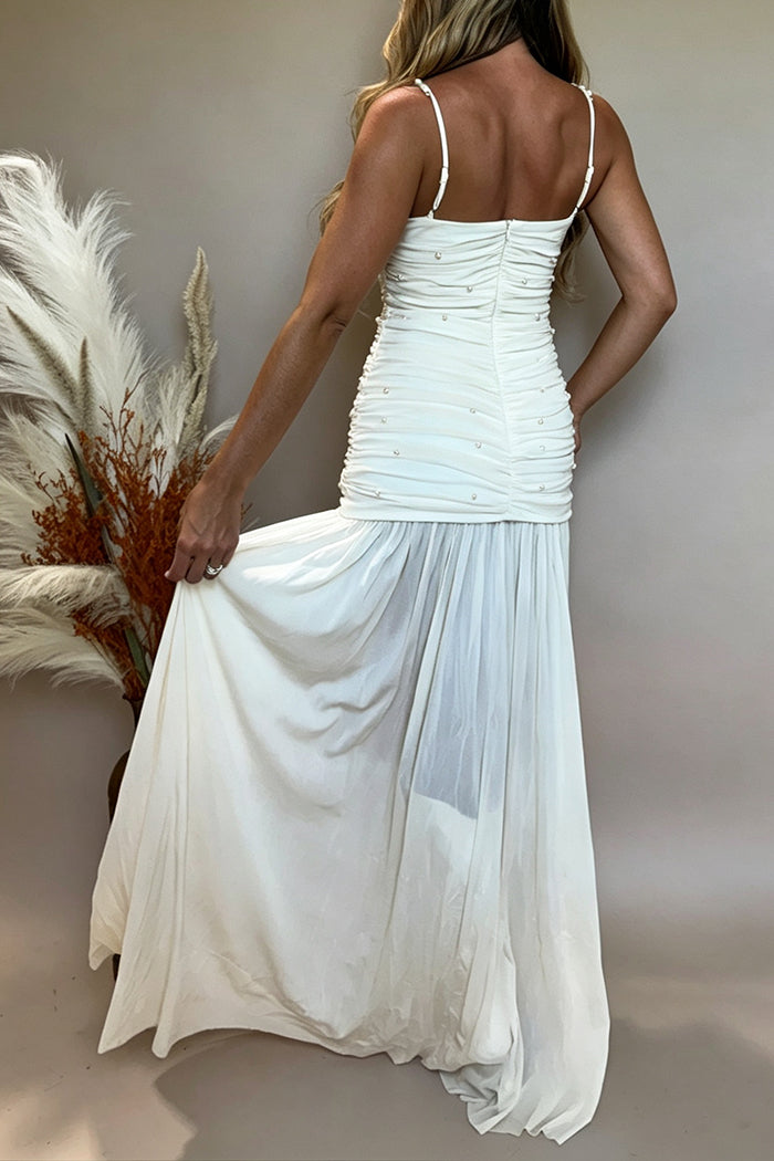 Pearl Strap Ruched Pleated Flowy Maxi Dress