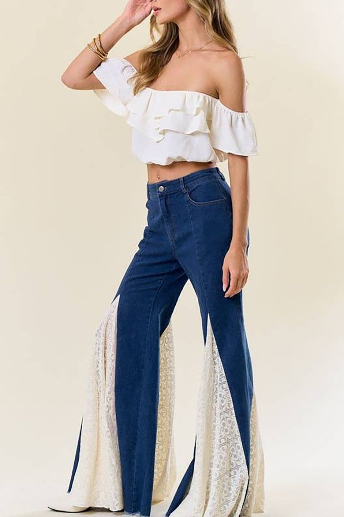 Lace Insert Panel Bell Bottom Stretch Jeans