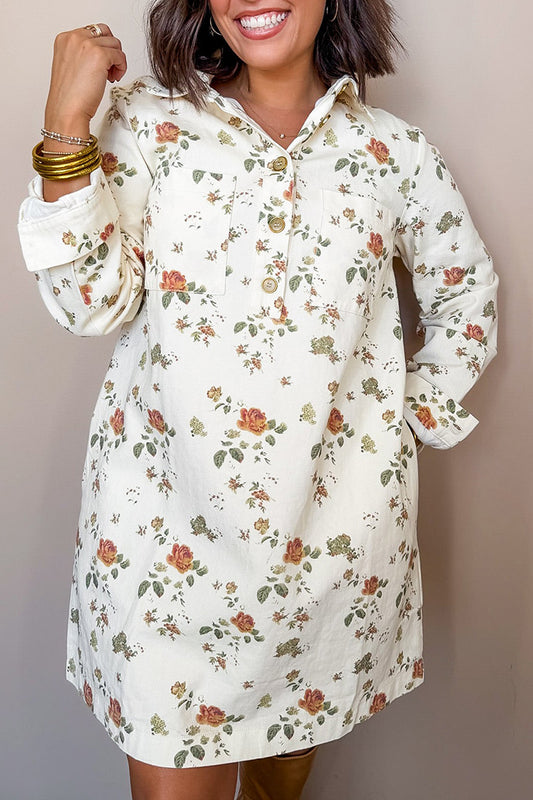 Vintage Floral Pocketed Button-Front Long-Sleeve Shirt Dress