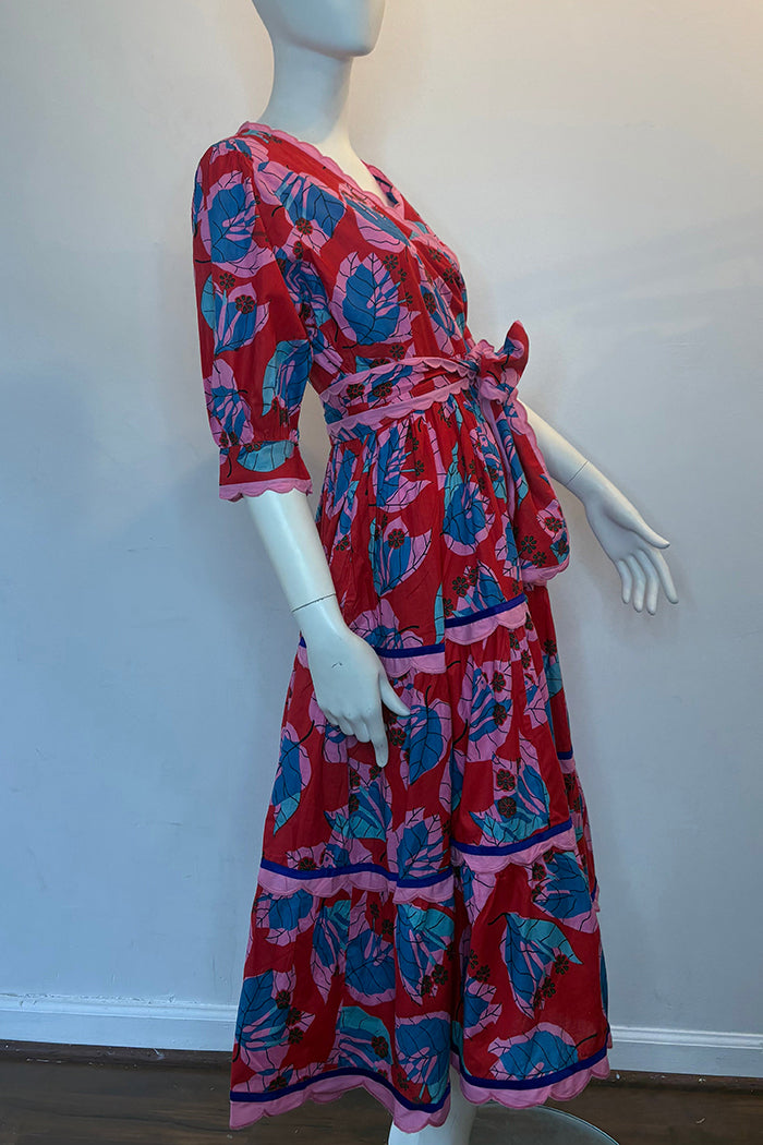 Belted Scalloped Trim Print Long Dress