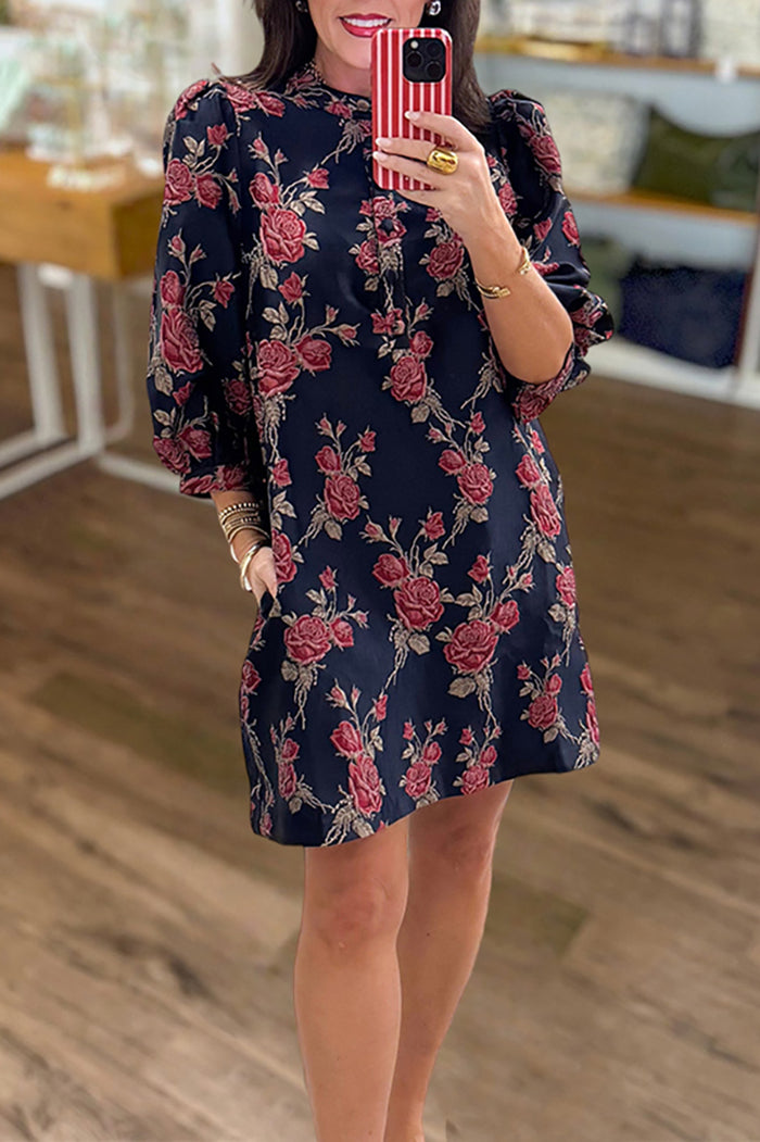 Floral Print 3/4 Sleeves Pocket Mini Dress
