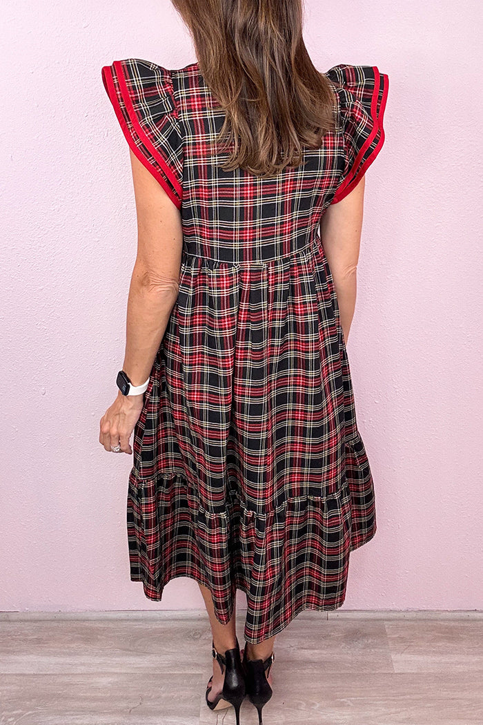 Flutter Sleeve Plaid Dress