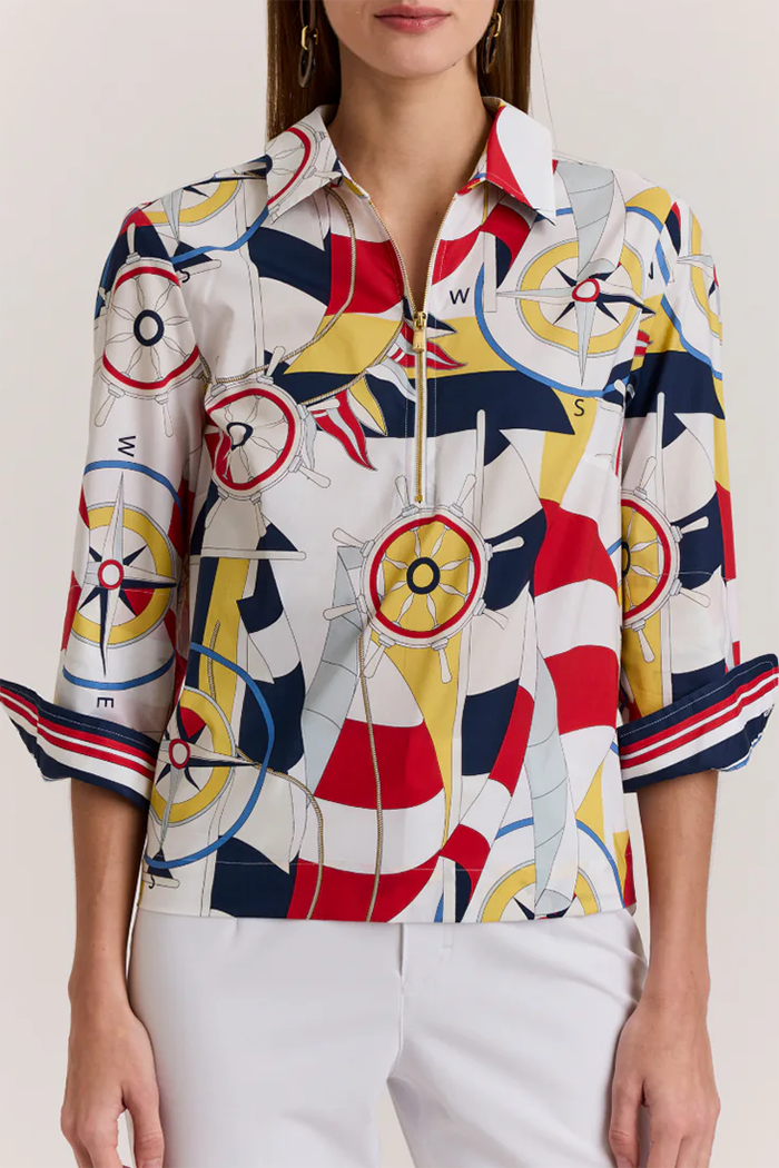 Half Zip Collared 3/4 Sleeve Blouse