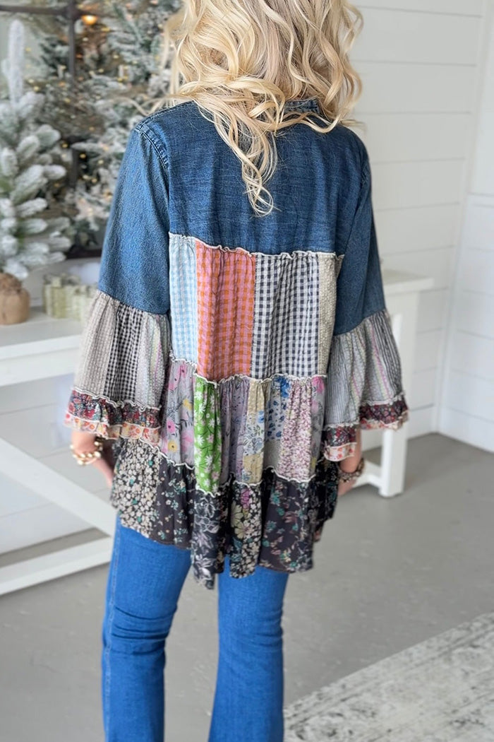 Boho Patchwork Plaid Floral Tiered Top