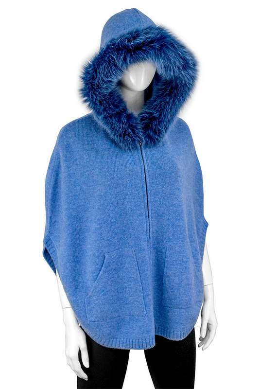 Zip Up Faux Fox Fur Trim Pocketed Poncho