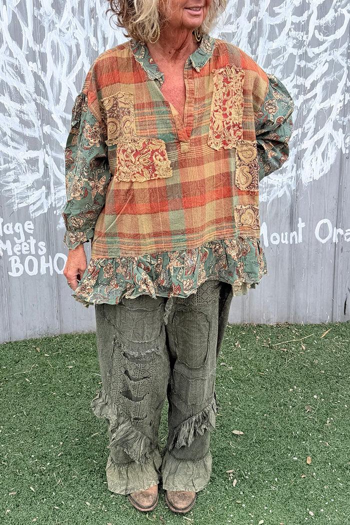 Boho Patchwork Plaid Ruffled Top