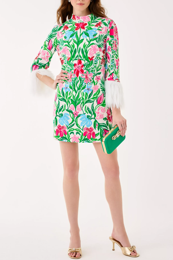 Floral Pattern Faux Feather Trim Romper