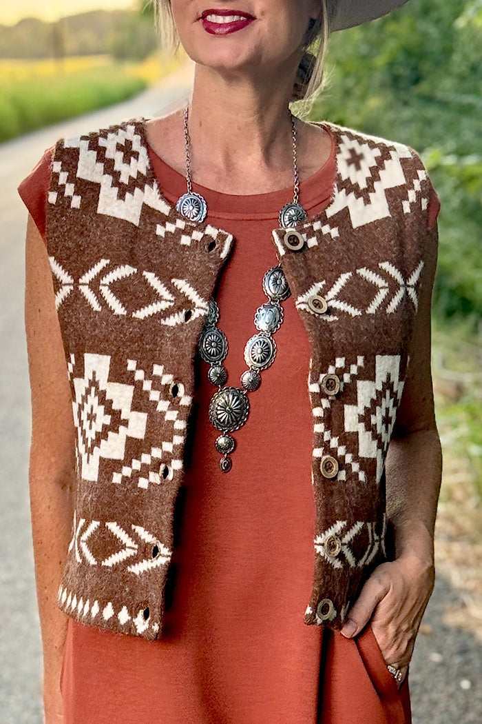 Western Aztec Pattern Button Front Vest