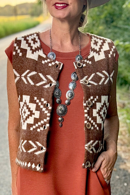 Western Aztec Pattern Button Front Vest