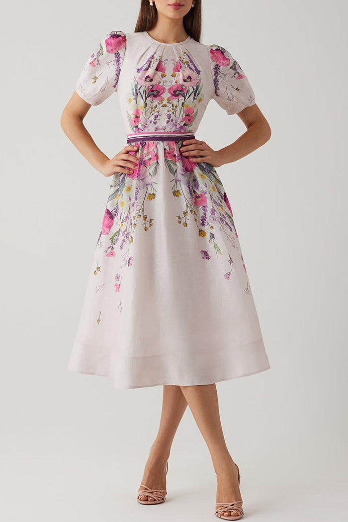 Floral Puffed Sleeve Waisted Dress