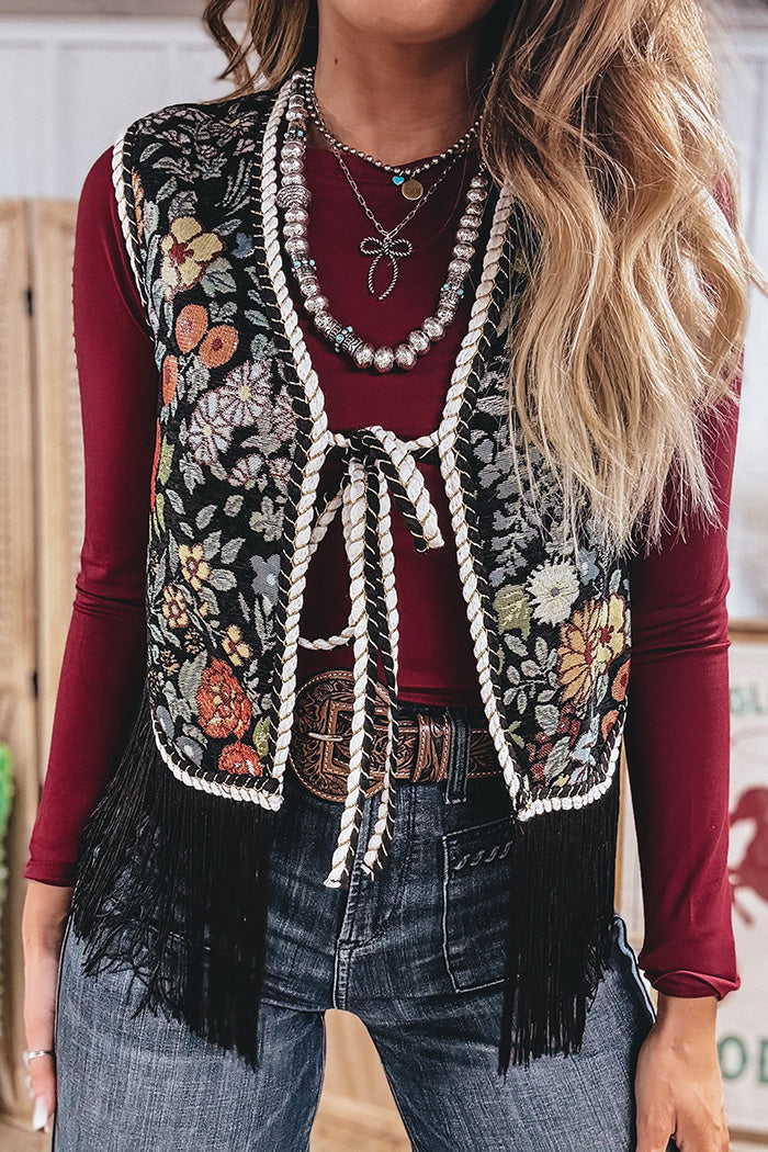 Floral Embroidered Fringe Tie Vest