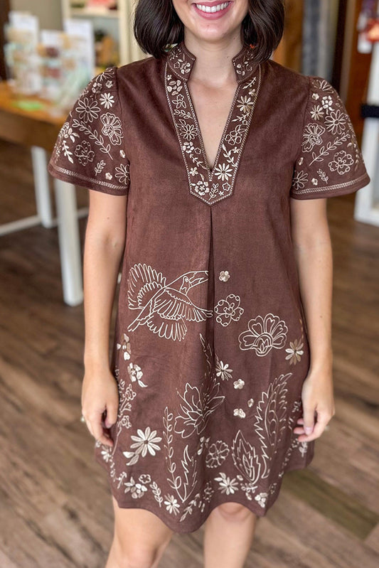Brown V-Neck Embroidery Dress