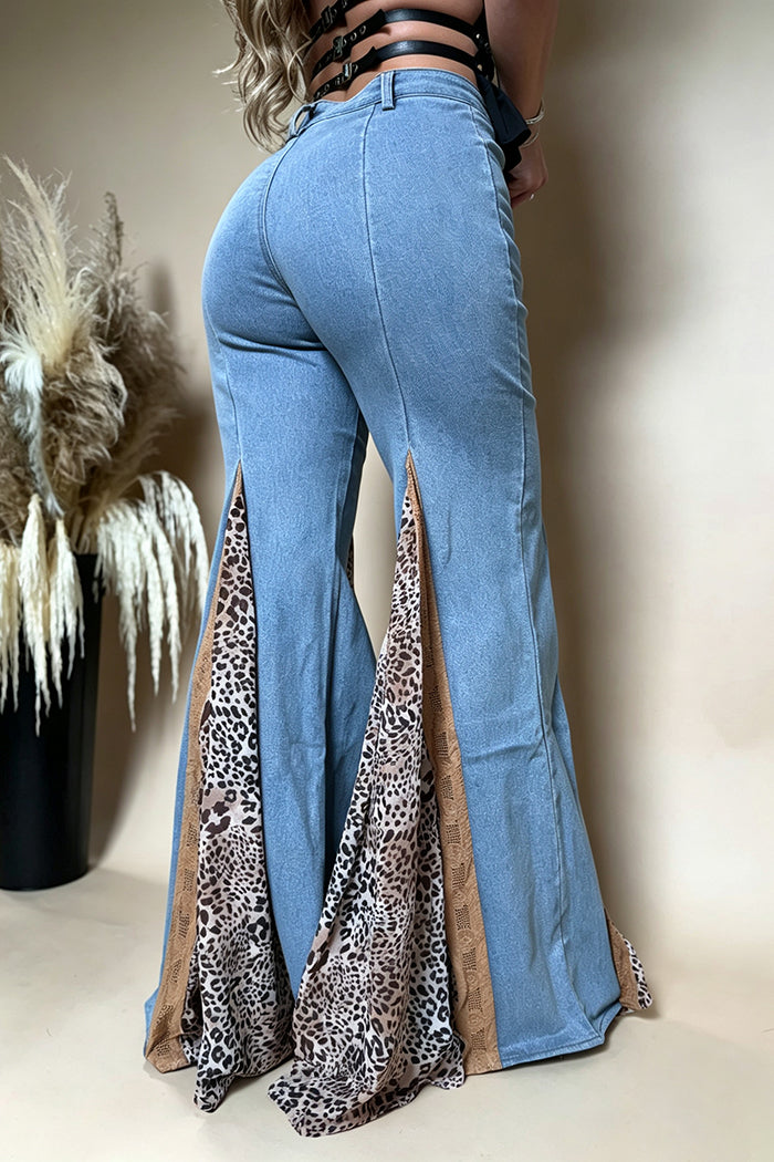 Light Denim Leopard Insert Flare Pants