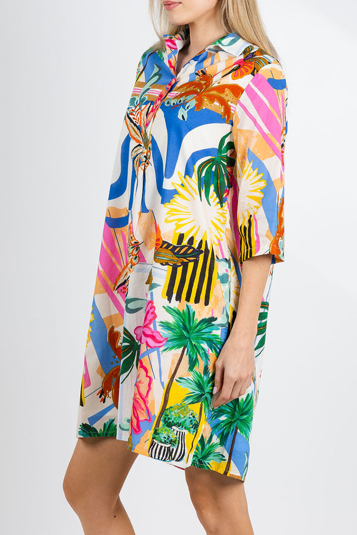 3/4 Sleeve Collared Floral Shirt Dress