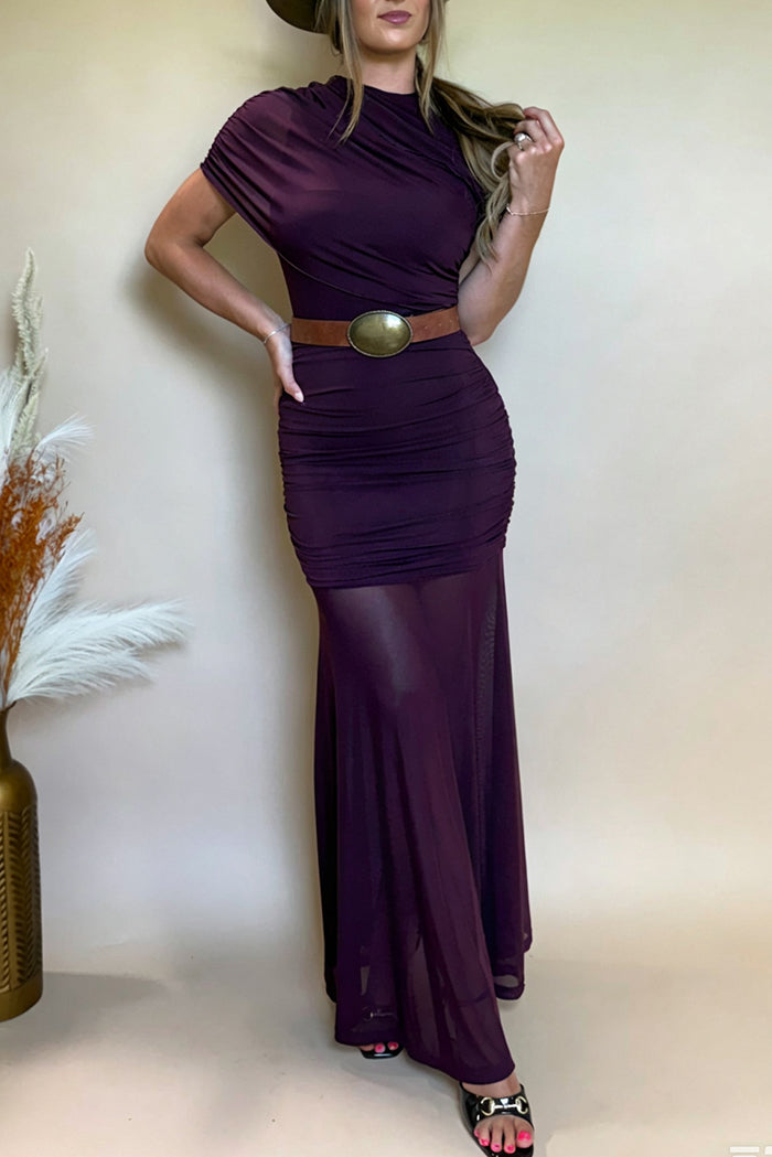Crew Neck Sheer Ruched Overlay Back Zipper Maxi Dress