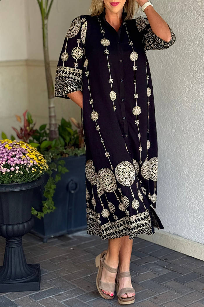 Moonlit Lace Embroidered Pocket Midi Dress
