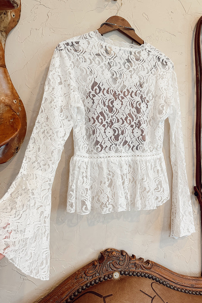 Ruffle Bell Sleeve Button Front Lace Top