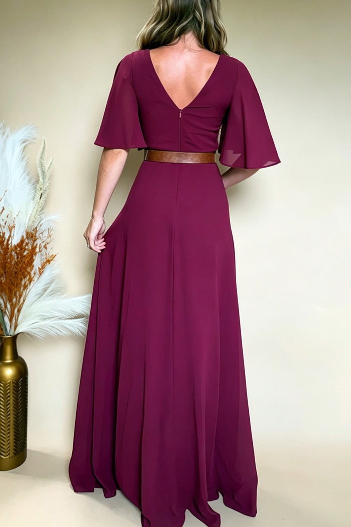 Flutter Sleeve Split Back Zip Maxi Dress