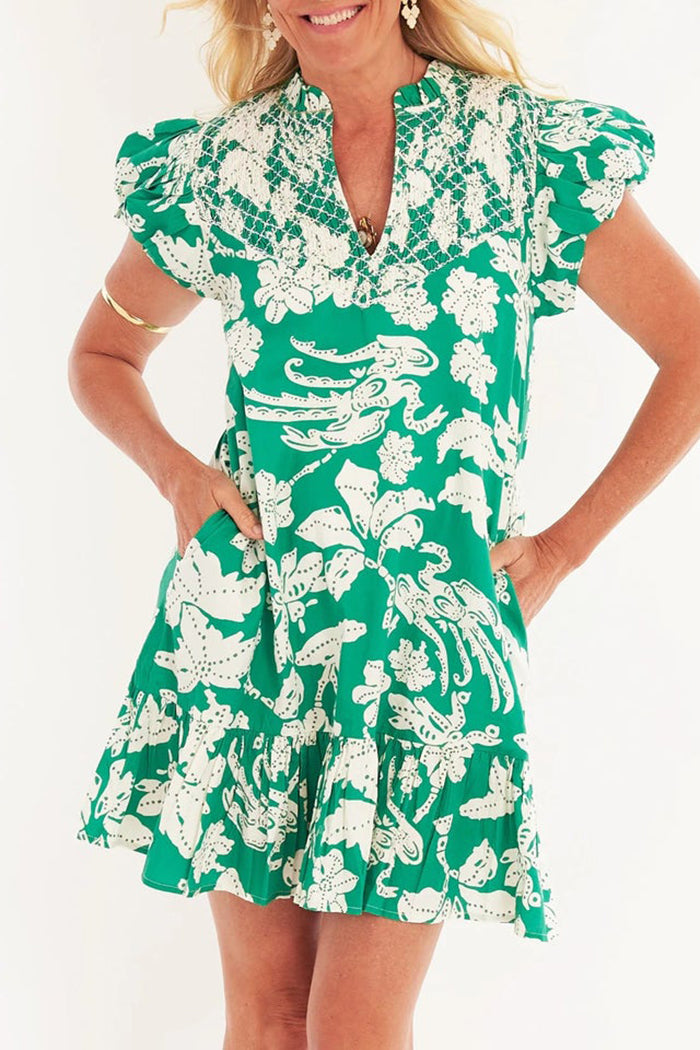 Puffed Sleeve Flutter Hem Pocket Dress