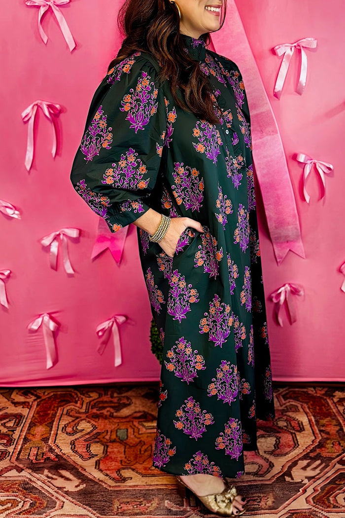 Botanical Print 3/4 Sleeve Pocket Midi Dress