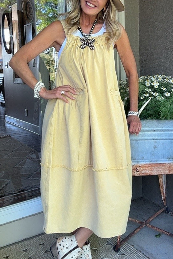 Yellow Adjustable Strap Raw Hem Pocket Jumper Dress