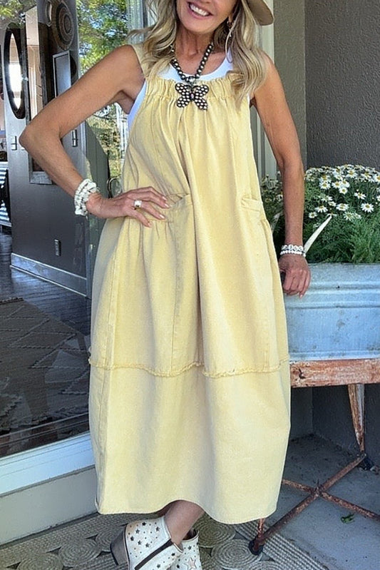 Yellow Adjustable Strap Raw Hem Pocket Jumper Dress