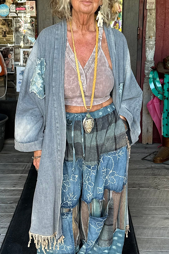Oversized Denim Patchwork Pocket Kimono