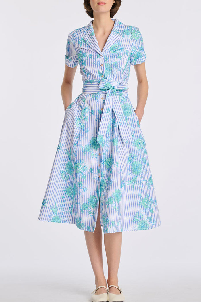 Stripe Floral Belted Pocket Dress