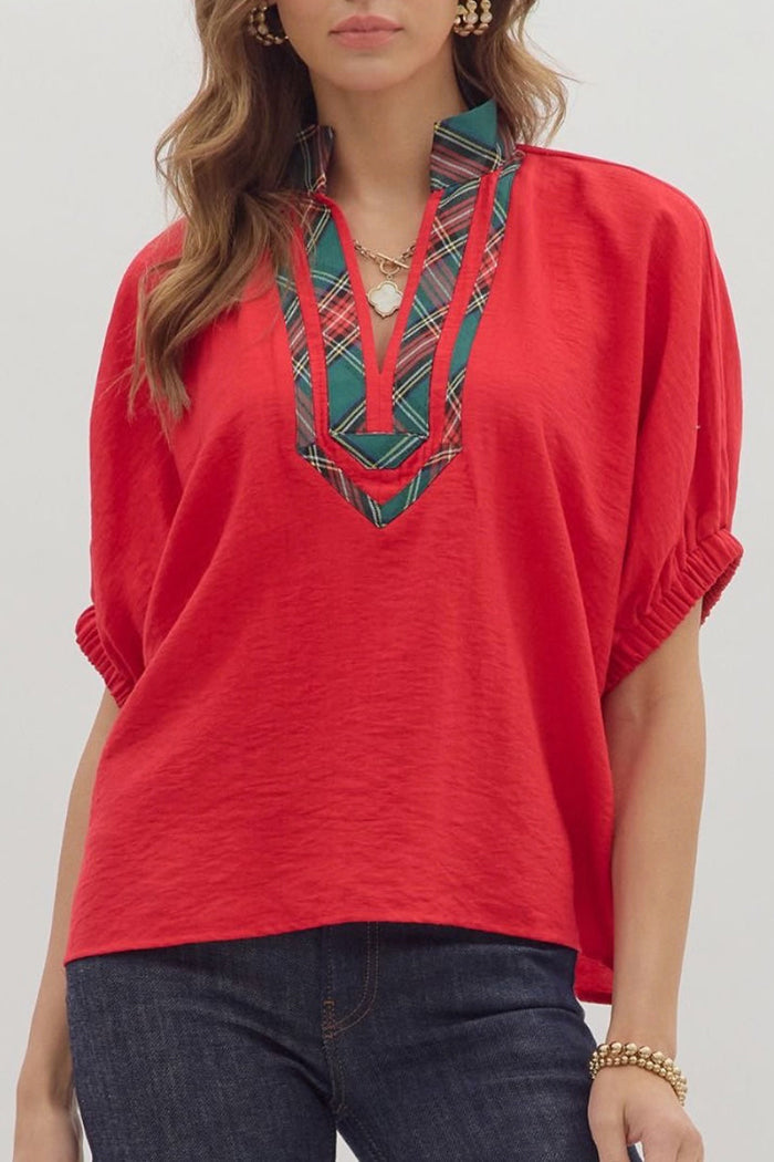 Plaid Layered Collar Dolman-Sleeve Blouse