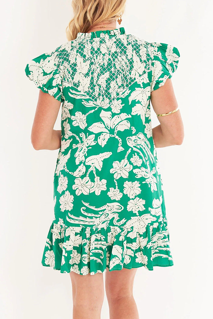 Puffed Sleeve Flutter Hem Pocket Dress