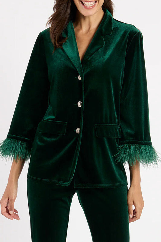 Velvet Feather Cuff  Button Pocketed Jacket